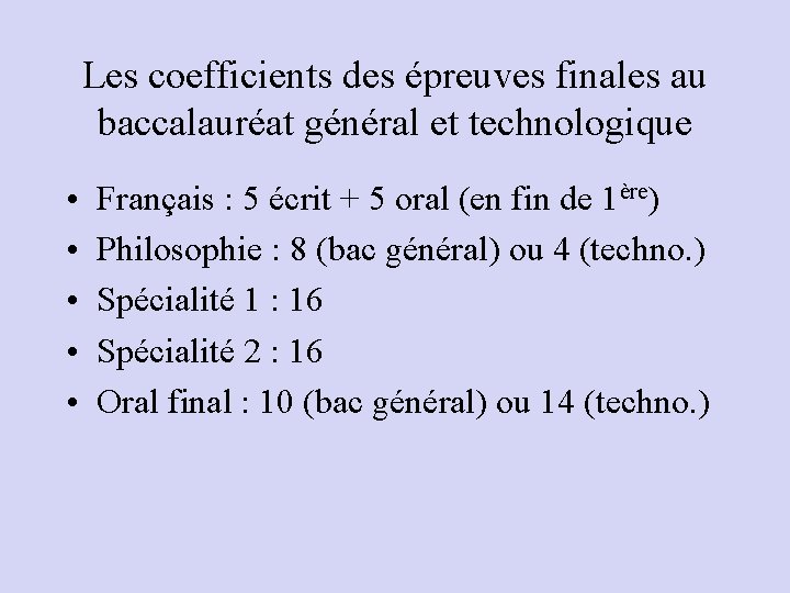 Les coefficients des épreuves finales au baccalauréat général et technologique • • • Français