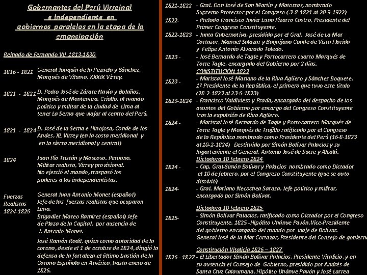 Gobernantes del Perú Virreinal e Independiente en gobiernos paralelos en la etapa de la