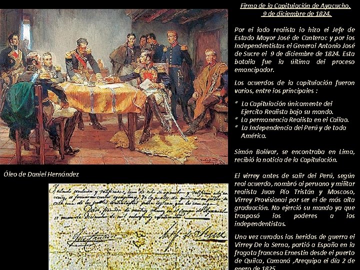 Firma de la Capitulación de Ayacucho, 9 de diciembre de 1824. Por el lado