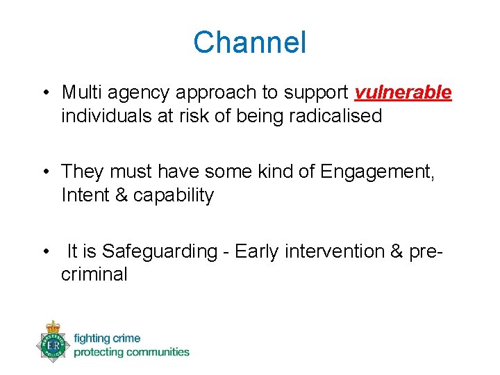 Channel • Multi agency approach to support vulnerable individuals at risk of being radicalised