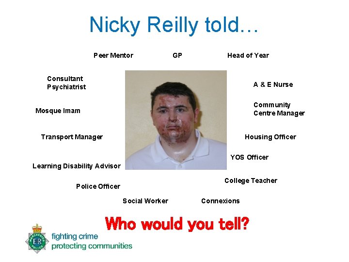 Nicky Reilly told… Peer Mentor GP Head of Year Consultant Psychiatrist A & E