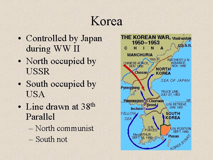 Korea • Controlled by Japan during WW II • North occupied by USSR •