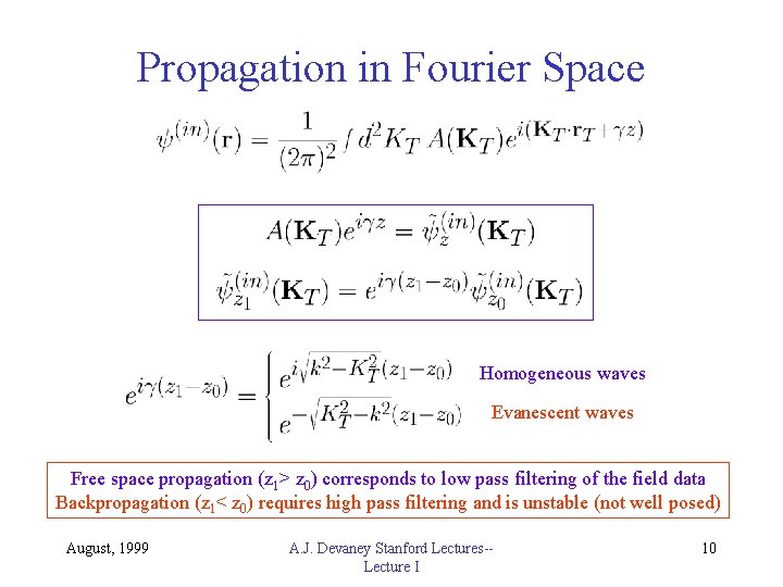 Propagation in Fourier Space Homogeneous waves Evanescent waves Free space propagation (z 1> z