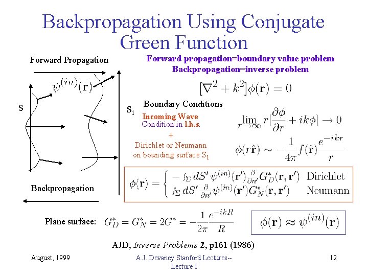 Backpropagation Using Conjugate Green Function Forward propagation=boundary value problem Backpropagation=inverse problem Forward Propagation S