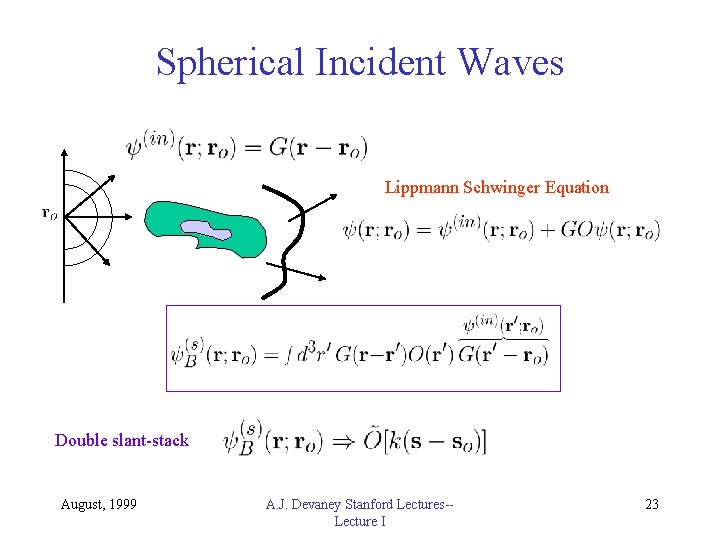 Spherical Incident Waves Lippmann Schwinger Equation Double slant-stack August, 1999 A. J. Devaney Stanford