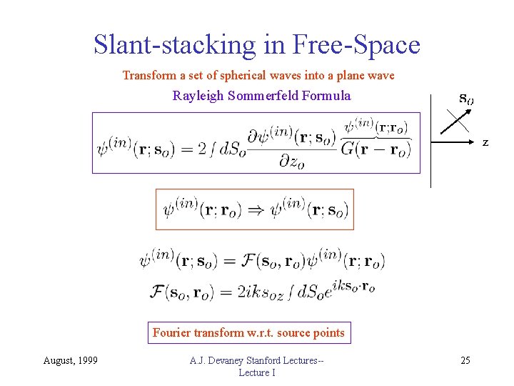 Slant-stacking in Free-Space Transform a set of spherical waves into a plane wave Rayleigh