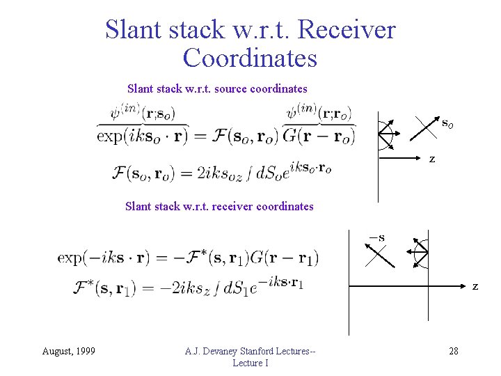 Slant stack w. r. t. Receiver Coordinates Slant stack w. r. t. source coordinates