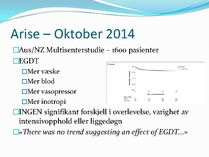 Arise – Oktober 2014 �Aus/NZ Multisenterstudie – 1600 pasienter �EGDT �Mer væske �Mer blod