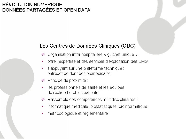 RÉVOLUTION NUMÉRIQUE DONNÉES PARTAGÉES ET OPEN DATA Les Centres de Données Cliniques (CDC) Organisation