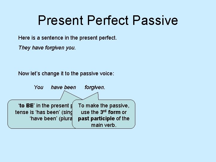 Present Perfect Passive Here is a sentence in the present perfect. They have forgiven
