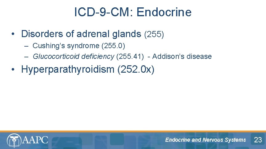 ICD-9 -CM: Endocrine • Disorders of adrenal glands (255) – Cushing’s syndrome (255. 0)
