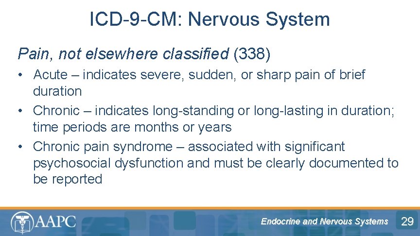 ICD-9 -CM: Nervous System Pain, not elsewhere classified (338) • Acute – indicates severe,