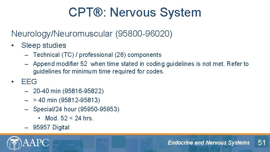 CPT®: Nervous System Neurology/Neuromuscular (95800 -96020) • Sleep studies – Technical (TC) / professional