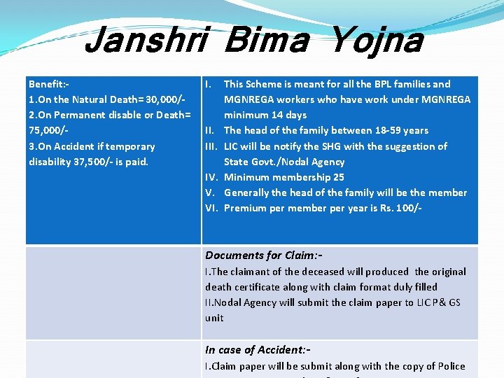 Janshri Bima Yojna Benefit: 1. On the Natural Death= 30, 000/2. On Permanent disable
