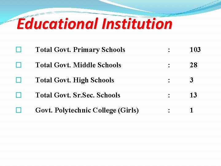 Educational Institution � Total Govt. Primary Schools : 103 � Total Govt. Middle Schools