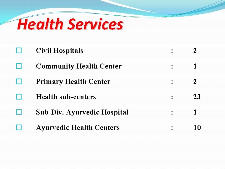Health Services � Civil Hospitals : 2 � Community Health Center : 1 �