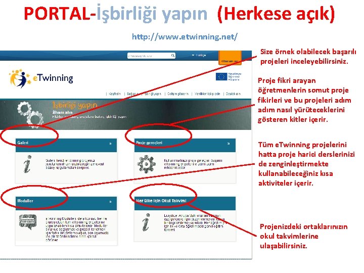 PORTAL-İşbirliği yapın (Herkese açık) http: //www. etwinning. net/ Size örnek olabilecek başarılı projeleri inceleyebilirsiniz.