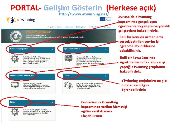 PORTAL- Gelişim Gösterin (Herkese açık) http: //www. etwinning. net/ Avrupa’da e. Twinning kapsamında gerçekleşen