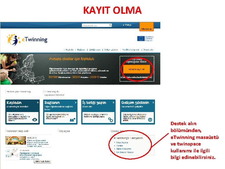 KAYIT OLMA Destek alın bölümünden, e. Twinning masaüstü ve twinspace kullanımı ile ilgili bilgi