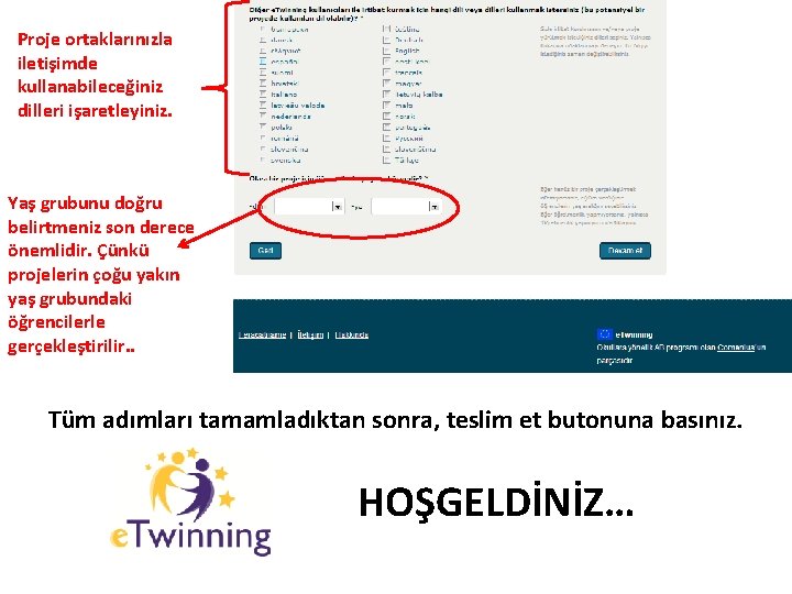 Proje ortaklarınızla iletişimde kullanabileceğiniz dilleri işaretleyiniz. Yaş grubunu doğru belirtmeniz son derece önemlidir. Çünkü