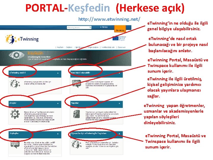 PORTAL-Keşfedin (Herkese açık) http: //www. etwinning. net/ e. Twinning’in ne olduğu ile ilgili genel