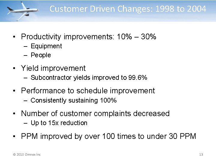 Customer Driven Changes: 1998 to 2004 • Productivity improvements: 10% – 30% – Equipment