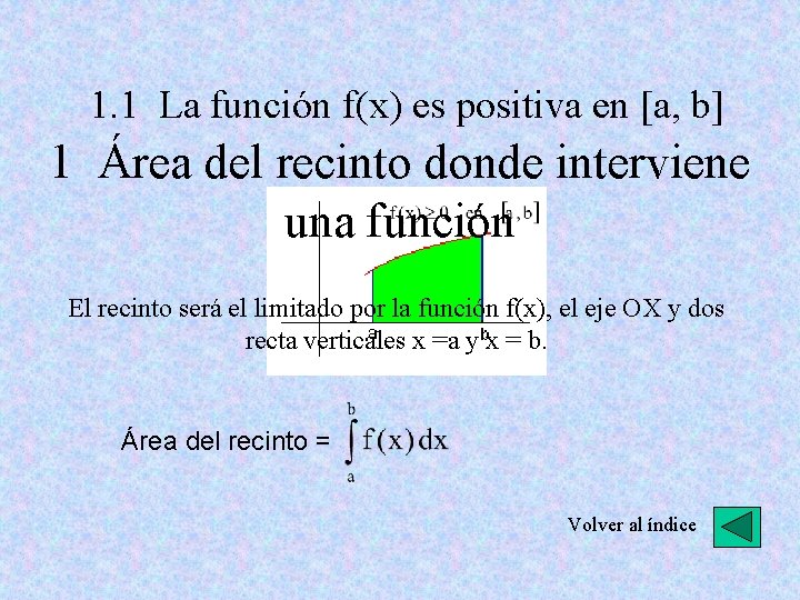 1. 1 La función f(x) es positiva en [a, b] 1 Área del recinto