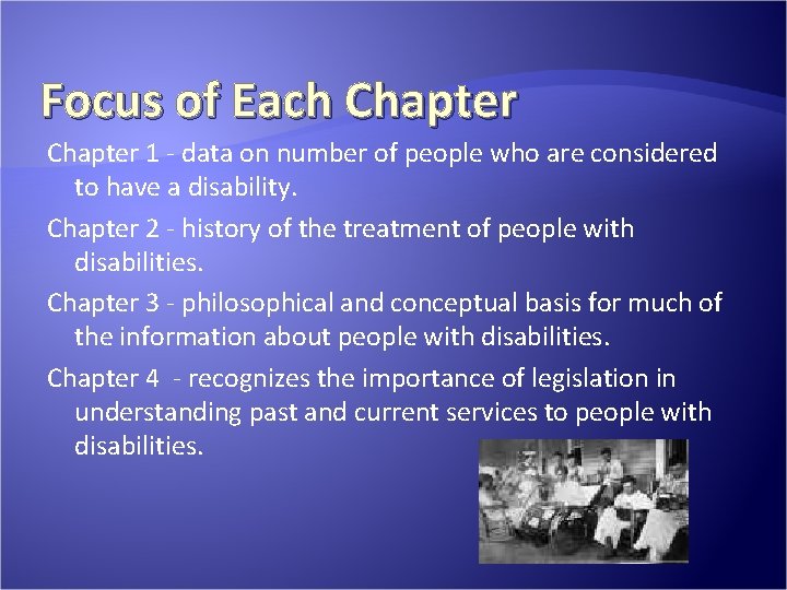 Focus of Each Chapter 1 - data on number of people who are considered Focus of Each Chapter 1 - data on number of people who are considered