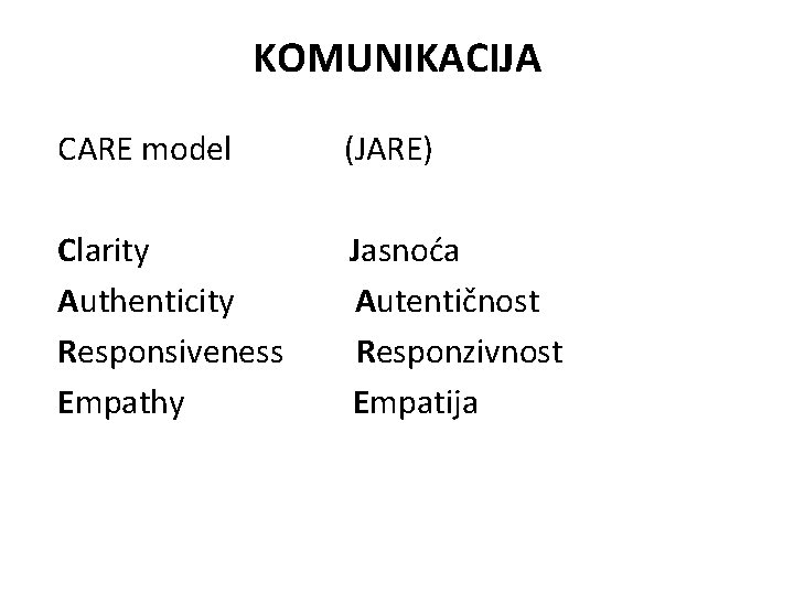 KOMUNIKACIJA CARE model (JARE) Clarity Jasnoća Authenticity Autentičnost Responsiveness Responzivnost Empathy Empatija 