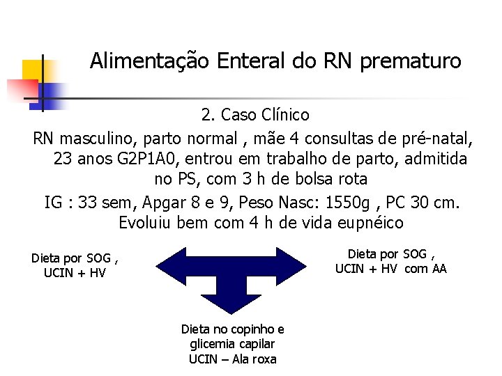 Alimentação Enteral do RN prematuro 2. Caso Clínico RN masculino, parto normal , mãe