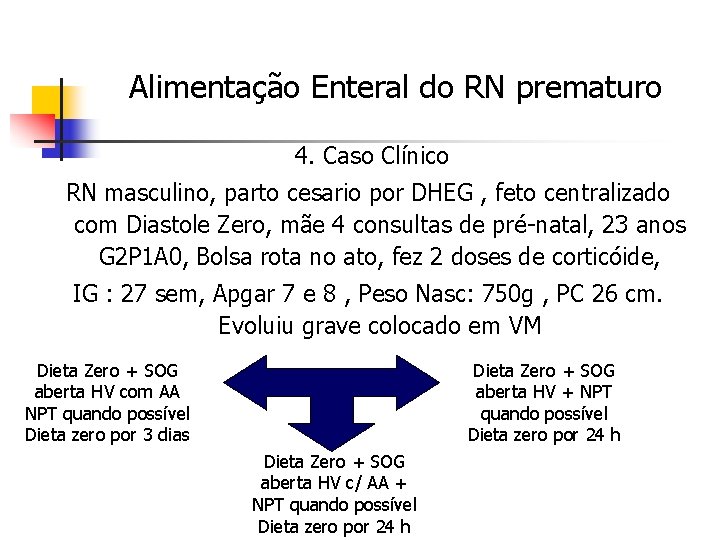 Alimentação Enteral do RN prematuro 4. Caso Clínico RN masculino, parto cesario por DHEG