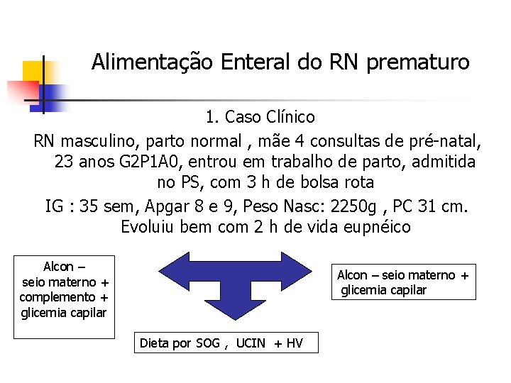 Alimentação Enteral do RN prematuro 1. Caso Clínico RN masculino, parto normal , mãe