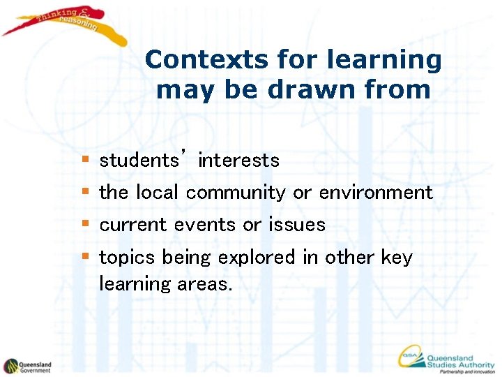 Contexts for learning may be drawn from § § students’ interests the local community