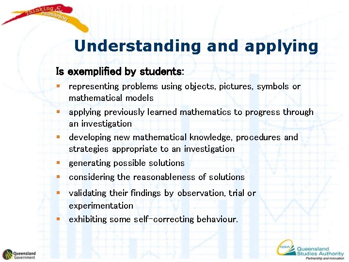 Understanding and applying Is exemplified by students: § representing problems using objects, pictures, symbols