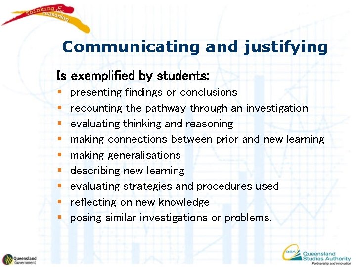 Communicating and justifying Is exemplified by students: § § § § § presenting findings