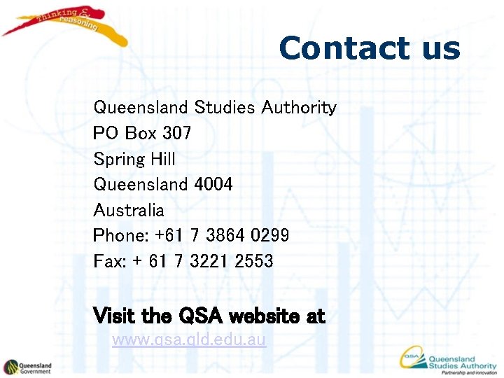 Contact us Queensland Studies Authority PO Box 307 Spring Hill Queensland 4004 Australia Phone: