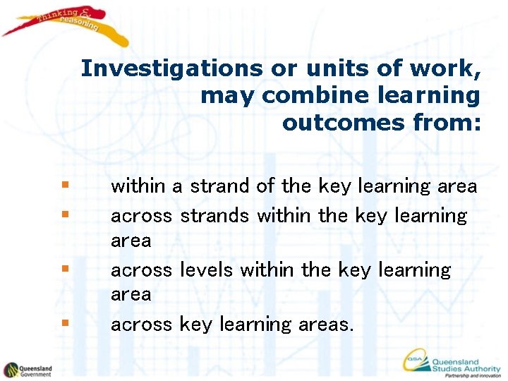 Investigations or units of work, may combine learning outcomes from: § § within a