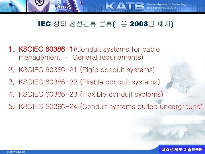 IEC 상의 전선관류 분류(_ 은 2008년 폐지) 1. KSCIEC 60386 -1(Conduit systems for cable