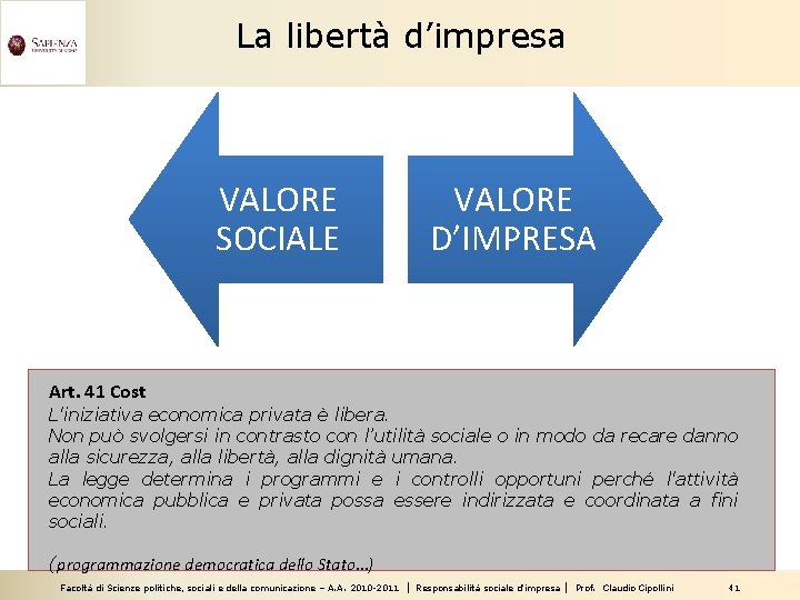 La libertà d’impresa VALORE D’IMPRESA VALORE SOCIALE Art. 41 Cost L'iniziativa economica privata è