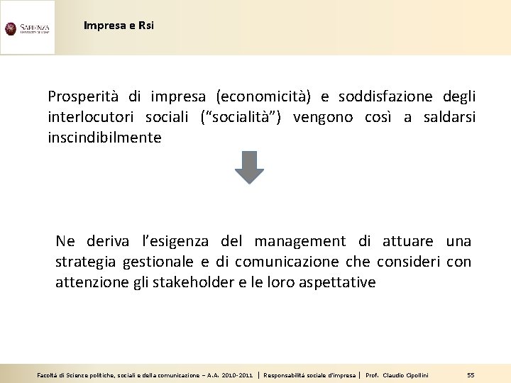 Impresa e Rsi Prosperità di impresa (economicità) e soddisfazione degli interlocutori sociali (“socialità”) vengono