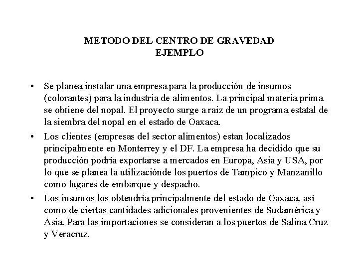 METODO DEL CENTRO DE GRAVEDAD EJEMPLO • Se planea instalar una empresa para la METODO DEL CENTRO DE GRAVEDAD EJEMPLO • Se planea instalar una empresa para la