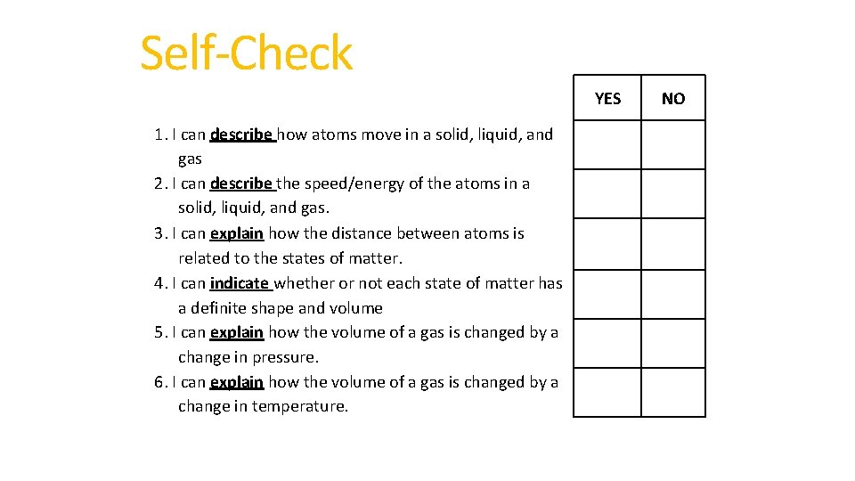 Self-Check YES 1. I can describe how atoms move in a solid, liquid, and