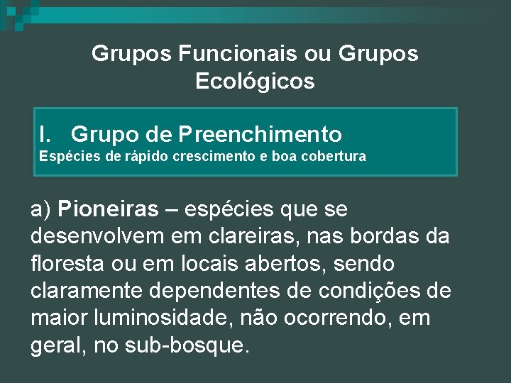 Grupos Funcionais ou Grupos Ecológicos I. Grupo de Preenchimento Espécies de rápido crescimento e