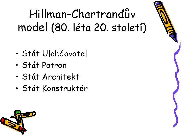 Hillman-Chartrandův model (80. léta 20. století) • • Stát Ulehčovatel Stát Patron Stát Architekt