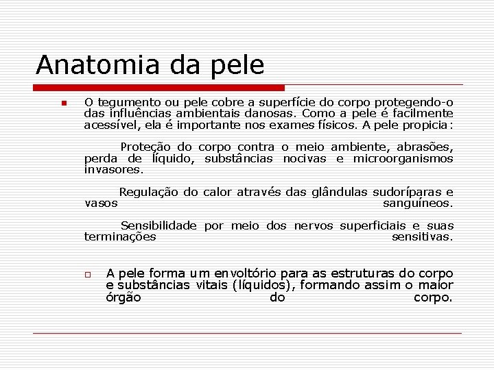Anatomia da pele n O tegumento ou pele cobre a superfície do corpo protegendo-o