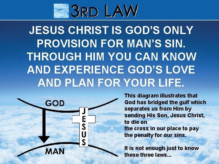 JESUS CHRIST IS GOD’S ONLY PROVISION FOR MAN’S SIN. THROUGH HIM YOU CAN KNOW