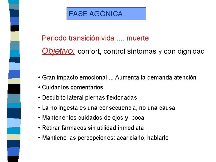 FASE AGÓNICA Periodo transición vida. . muerte Objetivo: confort, control síntomas y con dignidad