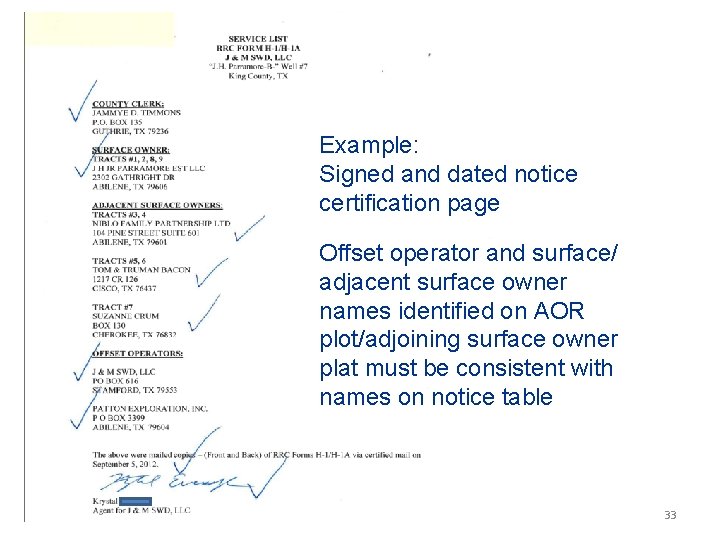 Example: Signed and dated notice certification page Offset operator and surface/ adjacent surface owner