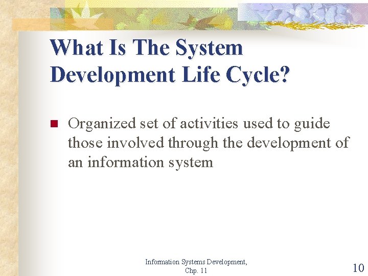 What Is The System Development Life Cycle? n Organized set of activities used to