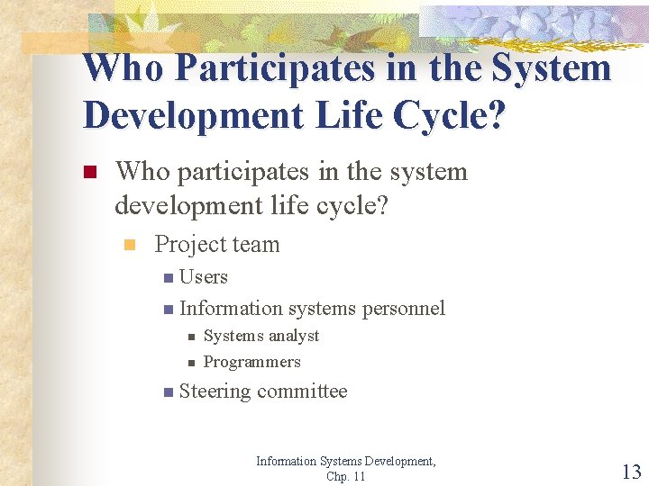 Who Participates in the System Development Life Cycle? n Who participates in the system